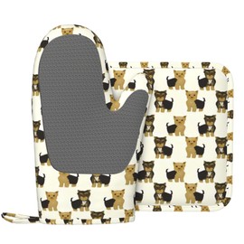 Yorkshire Terrier Cute Yorkie Dog Pet Oven Mitts and Pot Holders Set Heat Resistant Non-Slip Silicone Oven Mittens with Oven Gloves and Hot Pad Potholders for BBQ Kitchen Baking Cooking Quilted Liner