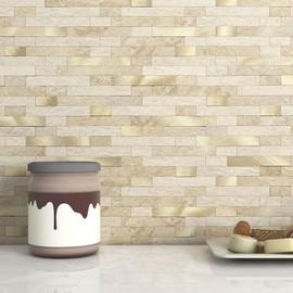MOFIT 3D Stone Brick Backsplash Tile for Kitchen Peel and Stick Self-Adhesive Wall Tile,Marble Linear Mosaic Tiles Stickers Bathroom Wall Panels Fireplace Vanity (Beige,10sheets)