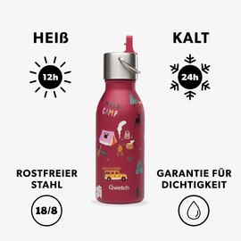 QWETCH - Stainless Steel Children's Drinking Bottle 350 ml - Kids Honolulu Red Pipette Lid - Insulated Bottle - Keeps Drinks Cold for 24 Hours & Warm for 12 Hours - Leak-proof & BPA-Free - Perfect for
