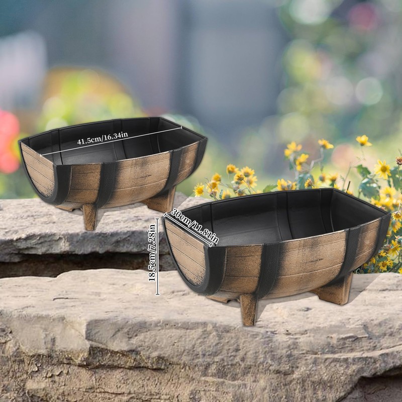 YI 2 Pack Rustic Half Barrel Planters, 16.34x11.81x7.28 Inches Plastic