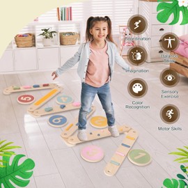 JOYTRY Kids Wooden Balance Beam, 6 PCS Toddler Waldorf and Montessori Balance Board, Motor Skill Stepping Toy for Kids 3-5 Years, Gymnastic Obstacle Training Tools