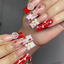 French Tip Press On Nails Long Square Fake Nails 3D Bow Heart With Strawberry Design Red False Nails Cute Acrylic Nails Full Cover Artificial Glossy Glue On Nail Stick On Nail For Women 24pcs