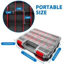 Double Side Tool Box Organizer, Hardware Storage Box, Portable Small Parts Organizer with Removable Plastic Dividers for Screws, Nuts, Nails, Bolts (Red)