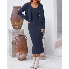 BTFBM Women Fall Knit Sweater Dress Set Bodycon Slit Midi Dresses Button Down Long Sleeve Cropped Cardigan 2 Piece Sets(Navy, Medium)