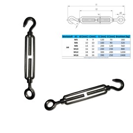 Turnbuckle M5 Form C Eyelet Hook 1 Piece Stainless Steel EN 1.4401 Tensioning Screw A4 NIRO, Nirosta