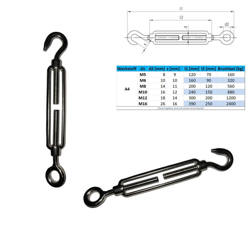 Turnbuckle M5 Form C Eyelet Hook 1 Piece Stainless Steel