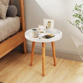 DORTALA 16" Round Side Table, Morden Wooden End Table W/Tray, Sturdy Tripod Stand & Quality Metal Connectors, Round Coffee Table for Living Room, White