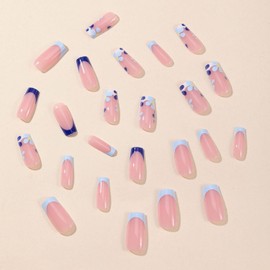 Spring Press on Nails Medium Square Fake Nails with Summer Design Glossy Glue on Nails Blue French Tip Full Cover Floral False Nails Artificial Acrylic Nails for Women Girls