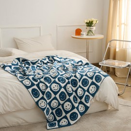 Baby Throw Blankets with Smiley Faces Checkered Reversible Soft Cozy Warm Blanket for Bed Sofa Travel (Grid Smile,Navy Blue,28"x40")
