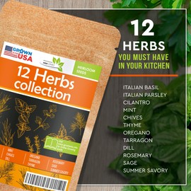 12 Culinary Herb Seeds Pack - Heirloom and Non GMO, Grown in USA - Indoor or Outdoor Garden - Basil, Parsley, Dill, Cilantro, Rosemary, Mint, Thyme, Oregano, Tarragon, Chives, Sage & More