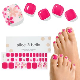 Alice & Bella Semi-Cured Gel Nail Strips - Bright Red Pink Floral Pedicure Kit 32pcs Long Lasting Glossy UV Gel Polish Stickers Toenails Wraps for Toes at Home