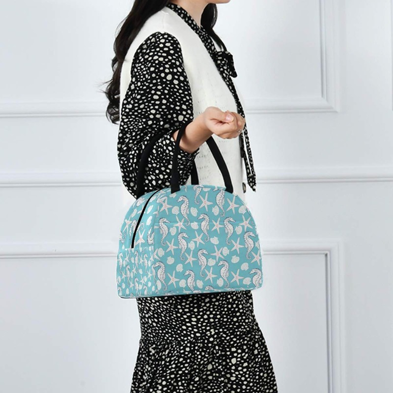 ZzWwR Ocean Starfish Seahorse Pattern Reusable Lunch Tote Bag with