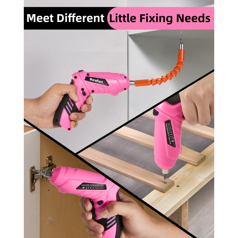 Durofort Pink Cordless Electric Screwdriver Set, 3.7V Rechargeable Small Electric
