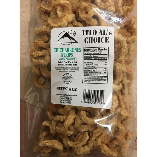 Tito Al's Choice Chicharrones (Fried out Pork Fat w/Attached Skin) 8 Oz / Pack of 2 (Garlic Flavored)