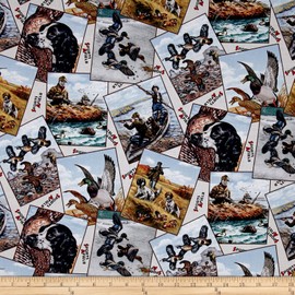 Elizabeth's Studio Sports Afield Bird Hunting Postcard Cream Quilt Fabric By The Yard, Cream