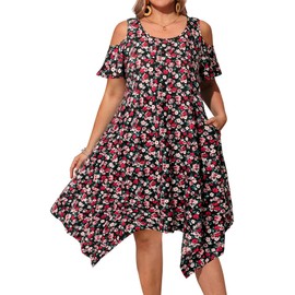 Plus Size Sundress Summer Floral Beach Casual Pocket Flowy Swing Cold Shoulder Ruffle Sleeve Midi Curvy Women Dress 2025