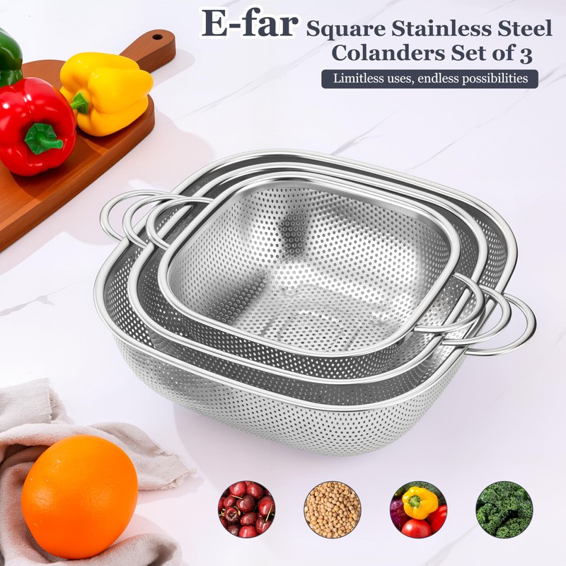 E-far 3 Pack Colander for Kitchen, Square Stainless Steel Metal