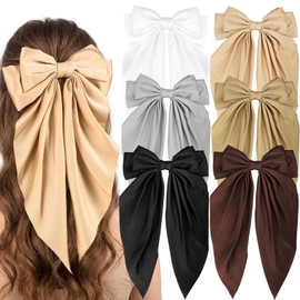 6 Pcs Long Big Hair Bows Bulk, Cute Accessories for Women Girls - Large barrettes for thick hair Satin Bow hair clips for Wedding Holiday Birthday Gifts (White, black, brown, gold)