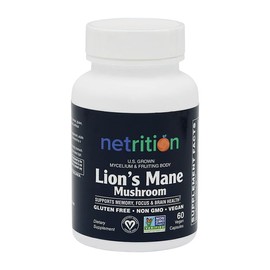 Netrition Certified Organic & Vegan US-Grown Lion's Mane Mushroom Capsules (60 Count)
