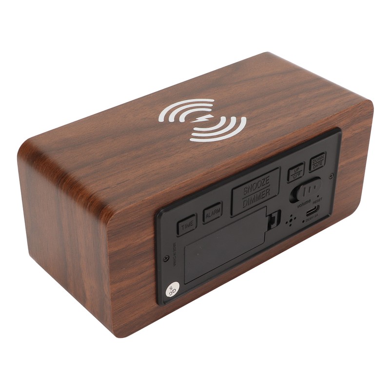 Wooden Digital Alarm Clock Yellow LED Display Adjustable Dimmer Weekday
