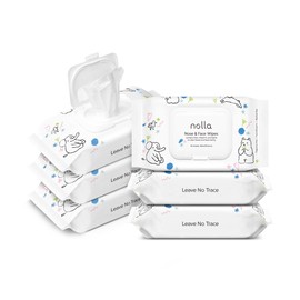 Nolla Nolla Baby Nose and Face Wipes with Saline, Vitamin E, & Aloe | Unscented | Compostable, 180 Count (6 Packs of 30)