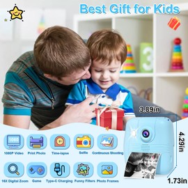 GKTZ Kids Camera Instant Print - 1080P HD Instant Print Photo - Christmas Birthday Gifts for Age 4 5 6 7 8 9 10 Girls Boys - Portable Toy with 3 Rolls Photo Paper, 32GB Card, 5 Color Pens - Blue