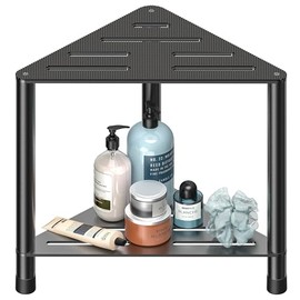 LarFaFa Stainless Steel Large Shower Stool for Inside Shower, 15.4'' H Shower Foot Rest, Corner Shower Stool with Storage Shelf, Shower Step for Shaving Legs, Bathroom Corner Shower Bench, Black