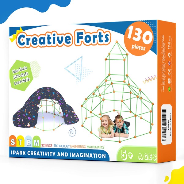 Kids-Fort-Building-Kits-130 Pieces-Creative Fort Toy for 5,6,7 Years Old Boy & Girls- Learning Toys DIY Building Castles Tunnels Play Tent Rocket Tower Indoor & Outdoor