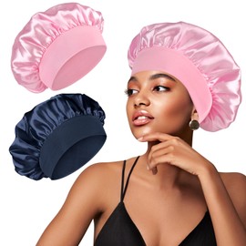 Amzpas Pack of 2 Satin Bonnet Sleep Caps, Women's / Girls' Bonnet, Night Hair Care, Protection Head Cap for Curls, Long Hair, Smooth, Breathable (Pink/Blue)