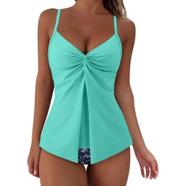 SUUKSESS Women's Tummy Control Tankini Halter Swimsuits Push Up Flowy Knot Front Bathing Suit 2 Piece Modest Swimwear(Aqua Blue Floral,XL)