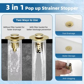 iFealClear 2 Pack Upgraded 4-in-1 Bathroom Sink Drain Strainer, Universal Pop Up Sink Stopper with 2-Layer Detachable Hair Catcher Filter Basket, Drain Stopper Fit 1.1"-2.3" US Basin, Brushed Gold