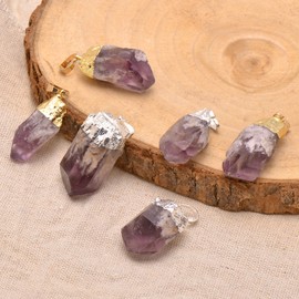 Natural Amethyst Rough Stone Healing Crystal Pendant Necklace, Yellow Gold Tone, Cable Chain 18"