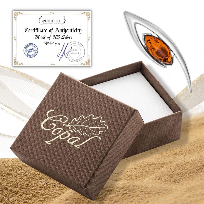 925 Silver Lapel Pin with Amber in Gift Box, Gemstone,