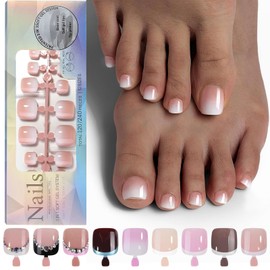 Maigitur 120pcs Short French Tip Toenail Press Ons - 5 in 1 Colorful Soft Gel Toe Nail Tips, Brown Soak Off Press On Toenails Square Fake Toes for Women Girls Manicure