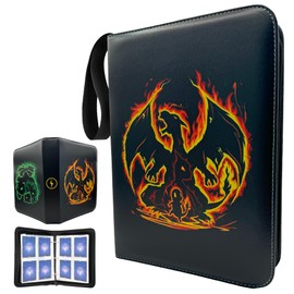 Trading Card Binder, 4 Pocket Card Holder, 400 Cards with 50 Removable Sleeves, Waterpoof, Zipper Binder Folder Storage Organizer, Double Sided Collector Album for Boys Girls (Dragon)