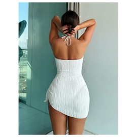 SOLY HUX Women's One Piece Swimsuit Criss Cross Halter Cut Out Bathing Suit with Cover Up Solid White Medium