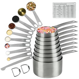 Hotsyang Stainless Steel Measuring Cups and Spoons Set: Stainless Steel Measuring Cups of 8, Spoons of 9, 1 Leveler, 1 Measurement Conversion Chart for Stainless Steel Measuring Cups, 18/8(304)