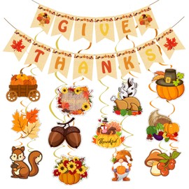 Thanksgiving Decorations, Give Thanks Banner Fall Decorations for Home, Thanksgiving Banner Fall Banner with 12pcs Hanging Swirls for Fall Classroom Party Decorations Thanksgiving Party Decorations