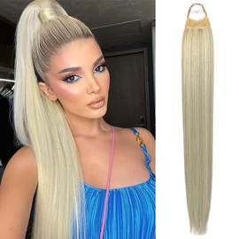 VAVANGA 28inch Long Ponytail Extension with Hair Tie, White Grey Yaki Straight Ponytail Thick Braiding Hair Ponytail Natural Fake Pony Tails Hairpiece for Women (#171/60)