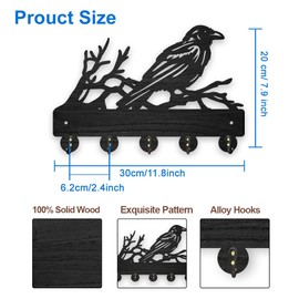 MAYJOYDIY Wood Tree Branch Crow Key Hook Animal Bird Key Holder Wall Mount 11.8×7.9inch Black Key Holder 5 Alloy Hooks Home Decor Gifts Entryway Kitchen Bathroom Storage Organizer