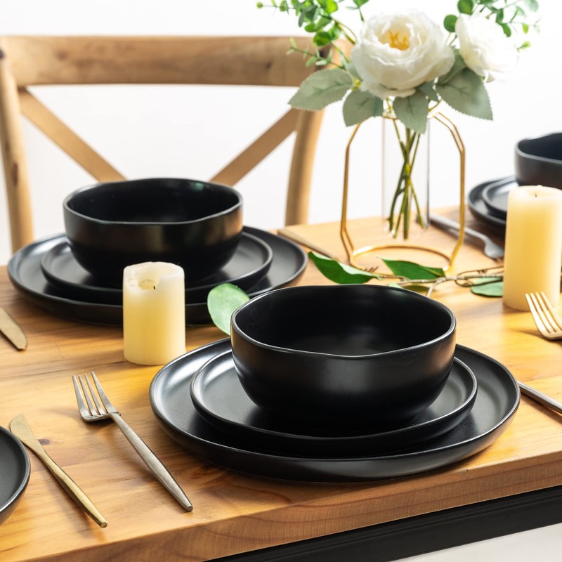 AmorArc Ceramic Dinnerware Sets, Wavy Rim Stoneware Plates and Bowls