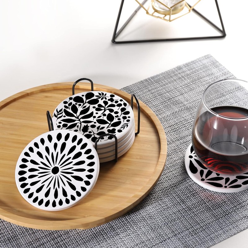 Aowced Drink Absorbent Coasters with Holder Set of 6, Ceramic