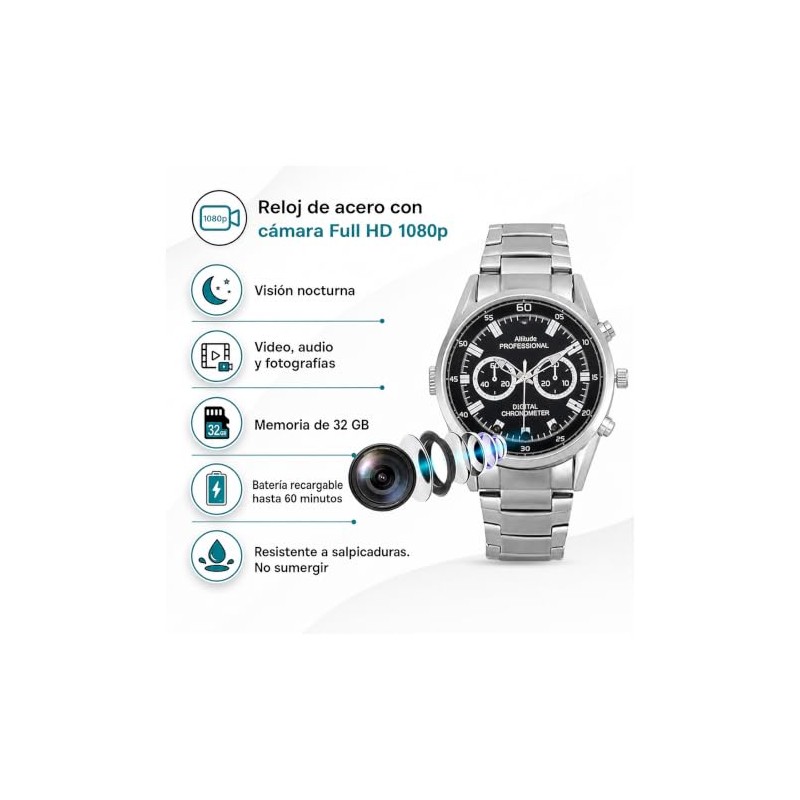 GoGo electronics Reloj de Acero con Cámara Full HD 1080p,