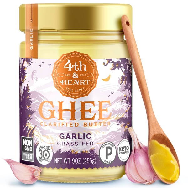 4th & Heart California Garlic Grass-Fed Ghee, 9 Ounce, Keto, Pasture Raised, Lactose and Casein Free, Certified Paleo