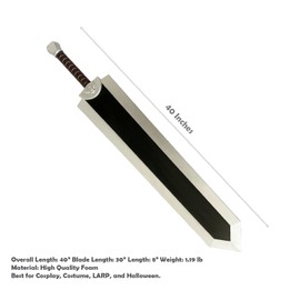 40 Inches Fantasy Dragon Slayer Berserk Guts Foam Sword Perfect for Anime Cosplay Costume Event Party and Collectible