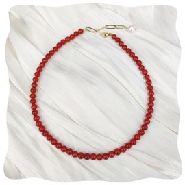 Carnelian Necklace, Healing Gemstone Carnelian Beaded Necklace with Natural Pearl, 18k Gold Plated Red Agate Necklace Jewelry for Women