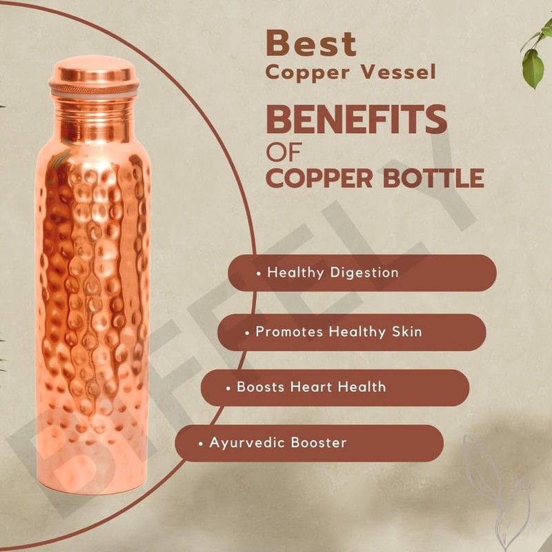 Copper Water Bottle 34OZ - 100% Handcrafted Solid Pure Hammered