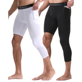 Roadbox Men's One Leg Compression Pants, 3/4 Single Leg Football Basketball Tights, Sports Athletic Leggings with Pockets