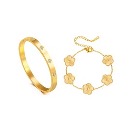 MeeQee 2 Stück Vierblättriges Kleeblatt Armband 18K Vergoldet Kleeblatt Armreif mit Cubic Zirkonia Gold Luxuriöses Glücksarmband Modische Exquisite Adjustable Armbänder Set Glücksschmuck (Gold)