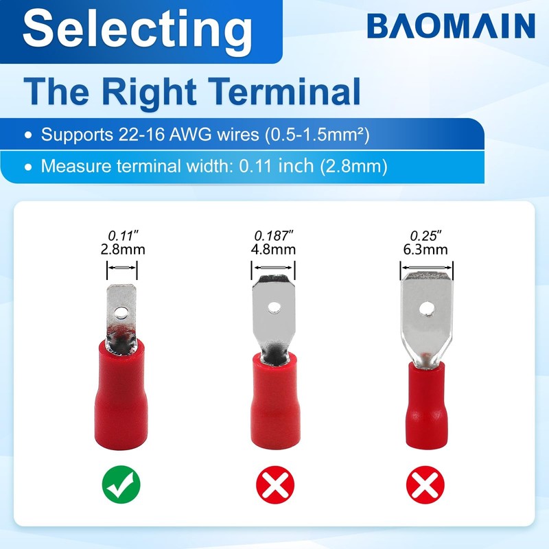 Baomain 0.11" Female & Male Spade Connectors 22-16 AWG Insulated